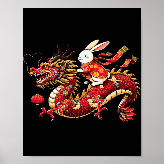 Póster Rabbit Ride Chinese Dragon Funny Mens Womens Happy (Frente)