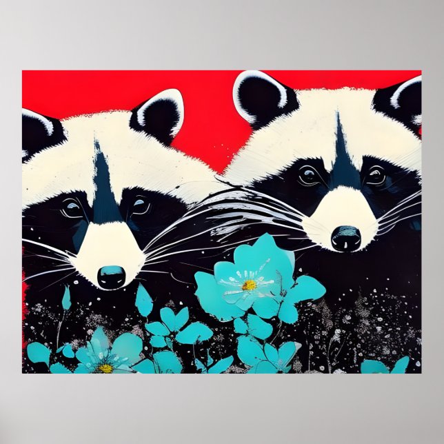 Póster Racconones Adorables Con Flores Azules (Frente)