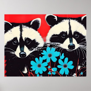 Póster Racconones Adorables Con Flores Azules Fondo Rojo
