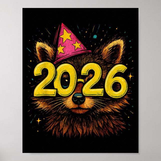 Póster Raccoon 2026 Party Gles Funny New Year Celebration (Frente)