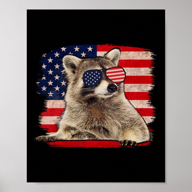 Póster Raccoon 4 De Julio Bandera Estadounidense Sungles  (Frente)