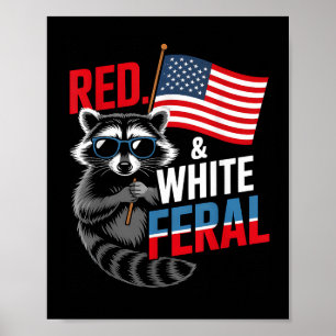 Póster Raccoon 4 De Julio Patriótico Cute Rojo Blanco Y F