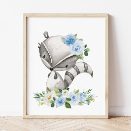 Póster Raccoon, Animales Woodland, Boho, Flores Azules