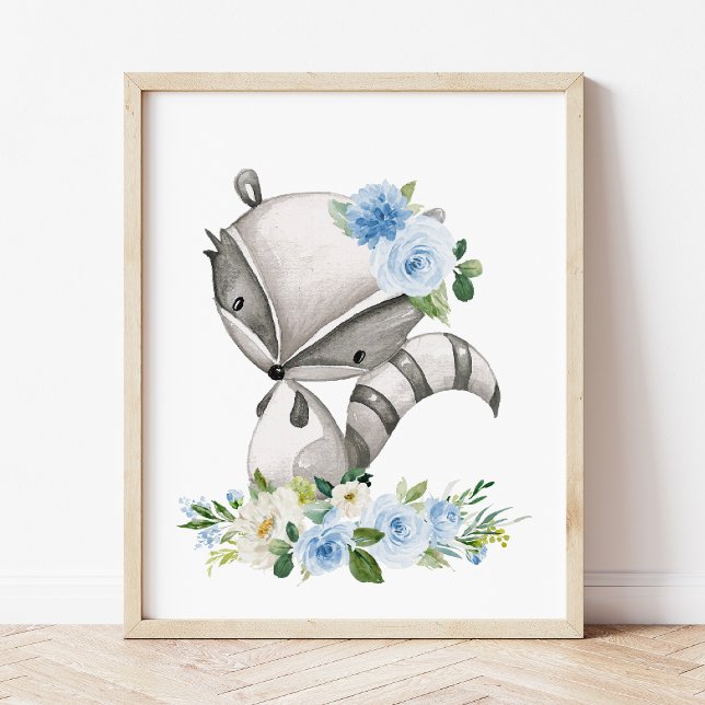 Póster Raccoon, Animales Woodland, Boho, Flores Azules (Subido por el creador)