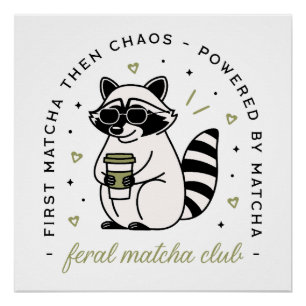 Póster Raccoon bebiendo matcha club divertido animal kawa