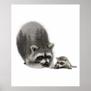 Póster Raccoon blanco negro con bebé
