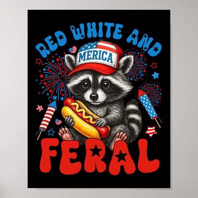 Póster Raccoon Blanco Rojo Y Feral Funny Usa 4 De Julio (Frente)
