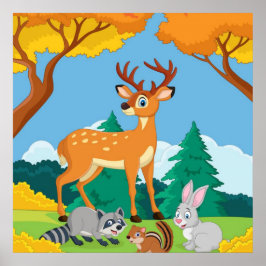 Póster Raccoon Chipmunk Rabbit Deer Fall Landsca