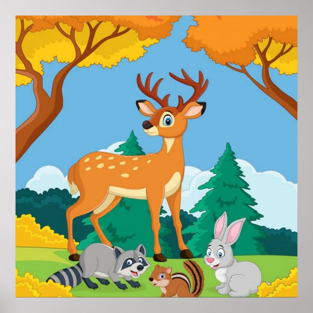 Póster Raccoon Chipmunk Rabbit Deer Fall Landsca (Frente)