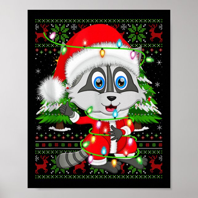 Póster Raccoon Christmas Lights Santa Costume Ugly Xmas S (Frente)