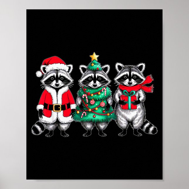 Póster Raccoon Christmas Tree Light Santa Hat Xmas Family (Frente)