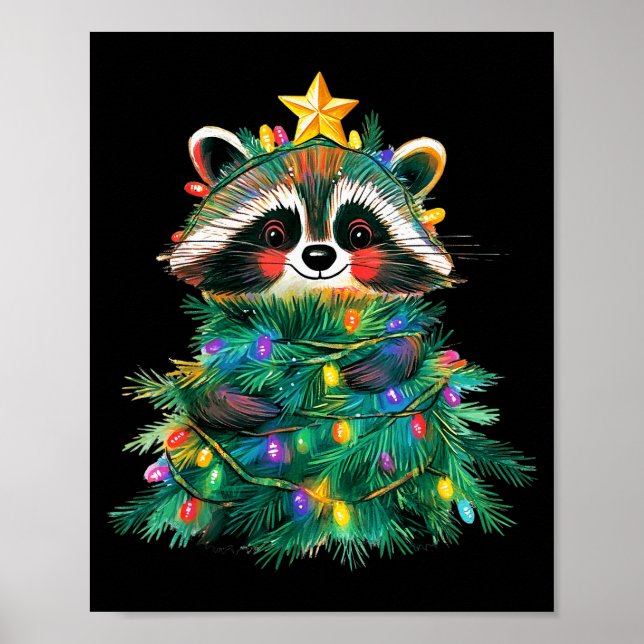 Póster Raccoon Christmas Tree Pajamas Girls Boys Xmas Lig (Frente)