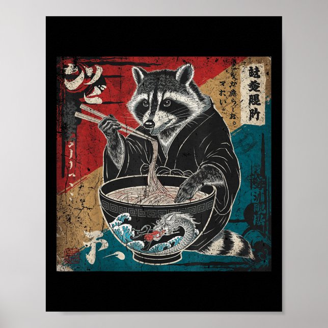 Póster Raccoon Comer Ramen Fideos Japoneses Racoon Gracio (Frente)