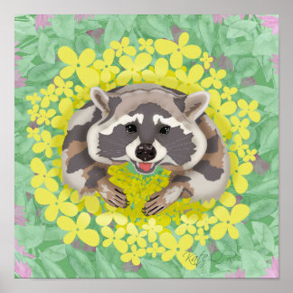 Póster Raccoon con flores amarillas