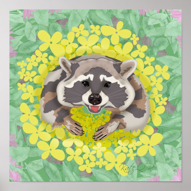 Póster Raccoon con flores amarillas (Frente)