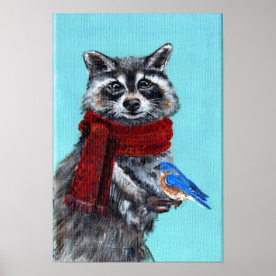 Póster Raccoon de invierno con Bluebird