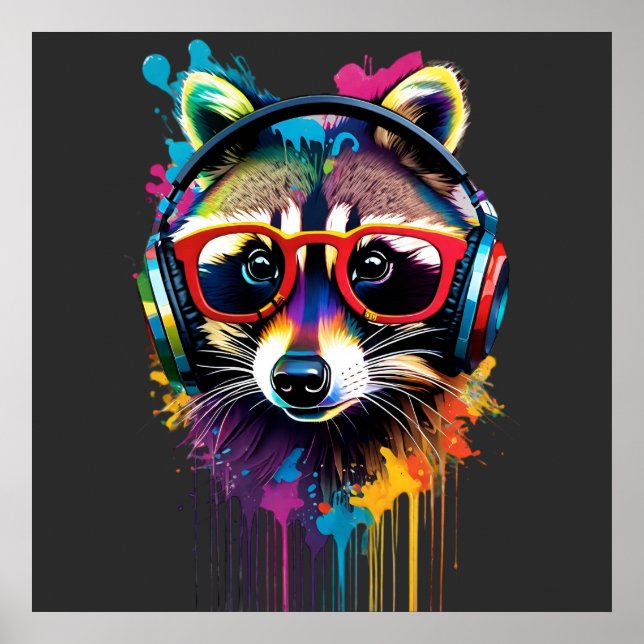 Póster Raccoon en audífonos y gafas (Frente)