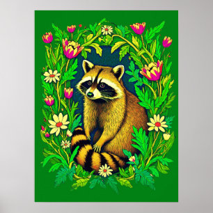Póster Raccoon en medio del Jardín de Flores Silvestres