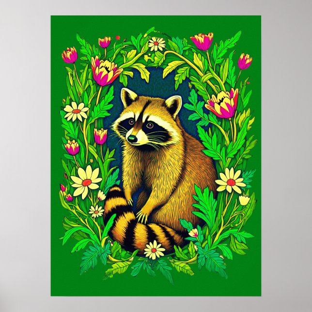 Póster Raccoon en medio del Jardín de Flores Silvestres (Frente)