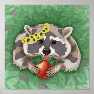 Póster Raccoon en una corona de girasoles