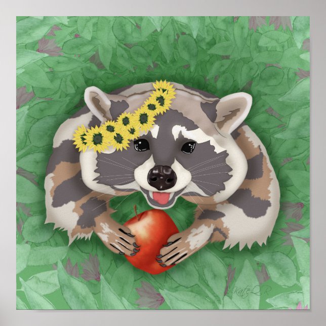Póster Raccoon en una corona de girasoles (Frente)