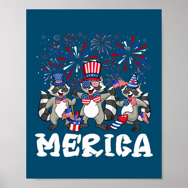 Póster Raccoon Fireworks Gafas de sol Gorra Merica Funny  (Frente)