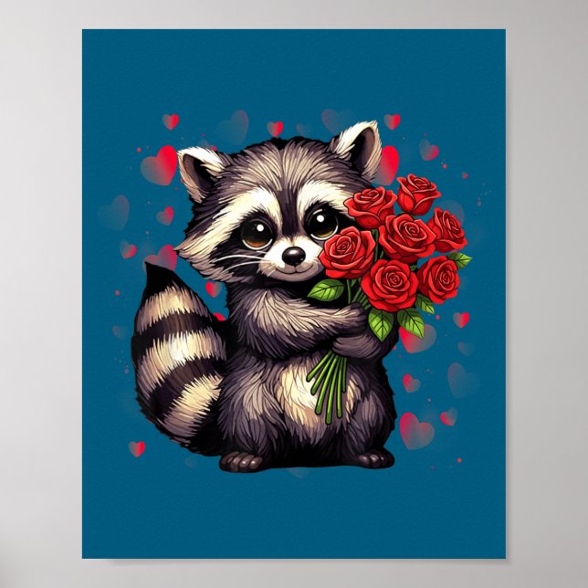 Póster Raccoon Holding Red Rose Cute Raccoon Valentine An (Frente)