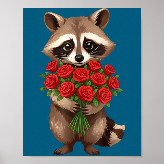 Póster Raccoon Holding Red Rose Cute Raccoon Valentine An (Frente)
