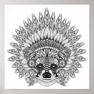Póster Raccoon In Feathered War Bonnet Doodle 2