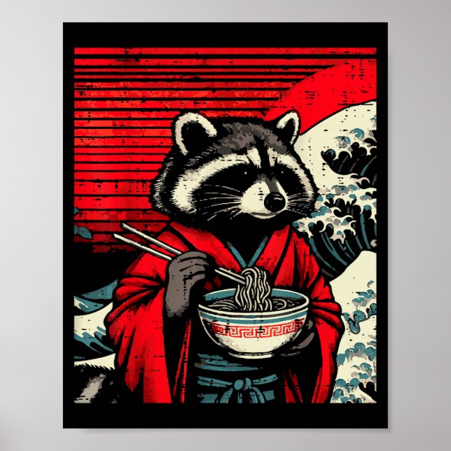 Póster Raccoon Kimono Eating Ramen Japanese Food Art Men  (Frente)