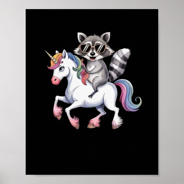 Póster Raccoon Montando Unicornio Cuesta Fantasía Animal  (Frente)