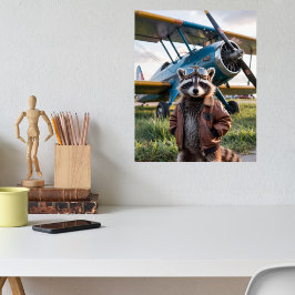 Póster Raccoon Pilot Airplane Funny Wildlife Animal