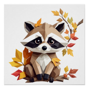 Póster Raccoon Playful Adorable Animal Colorido Feliz
