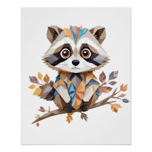 Póster Raccoon Playful Adorable Animal Colorido Feliz
