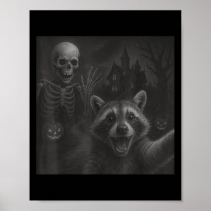 Póster Raccoon Selfie con Skeleton Funny Raccoon Hallowee
