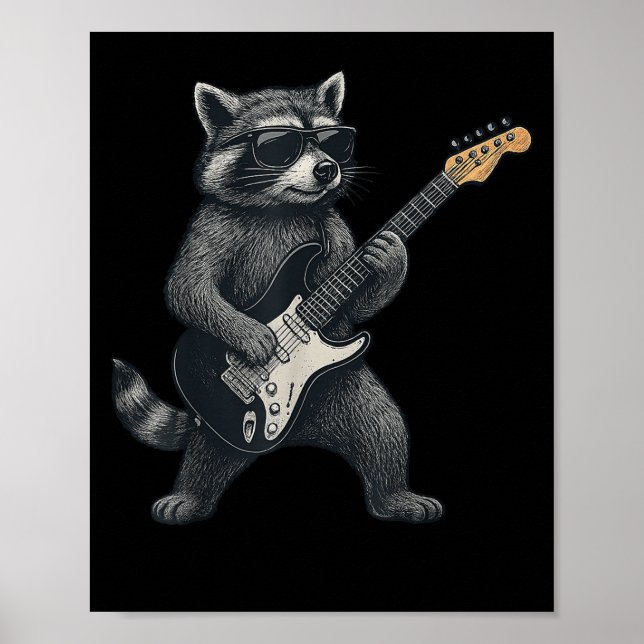 Póster Raccoon Tocando Rock De Guitarra Y Regalo De Rollo (Frente)