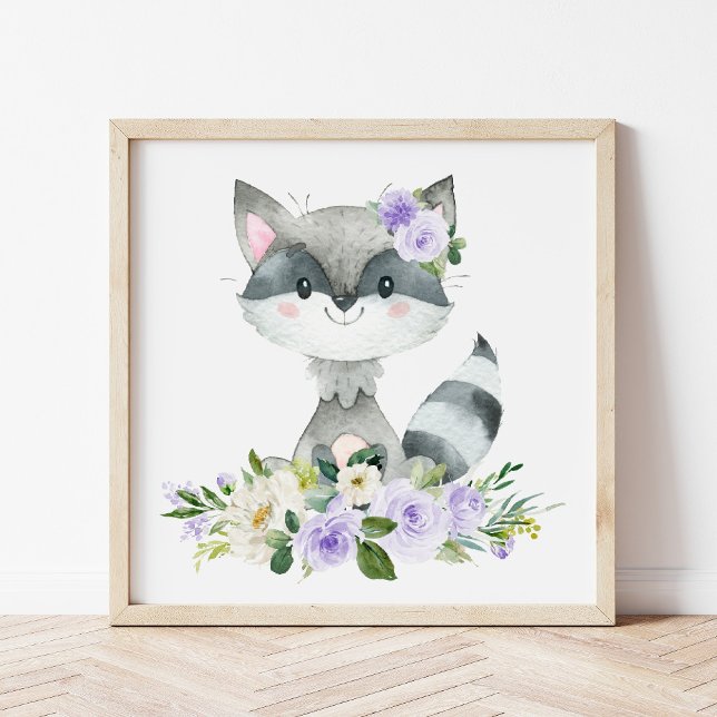 Póster Raccoon, Woodland Animals, Boho, Purple Flowers (Subido por el creador)