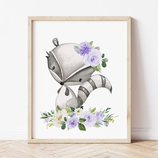Póster Raccoon, Woodland Animals, Boho, Purple Flowers (Subido por el creador)