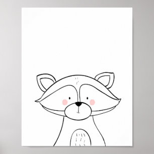 Póster Raccoon Woodland Nursery Wall Art Monocromo