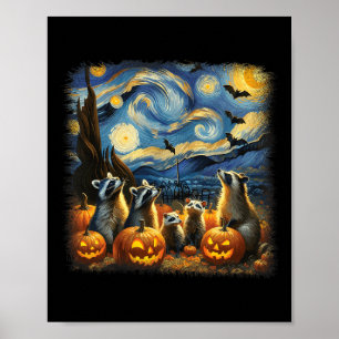 Póster Raccoons Y Possum Halloween Caen Van Gogh Starry