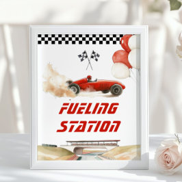 Póster Race Car Red Fueling Station Bebés de cumpleaños