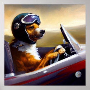 Póster Racecar de conducción de perros