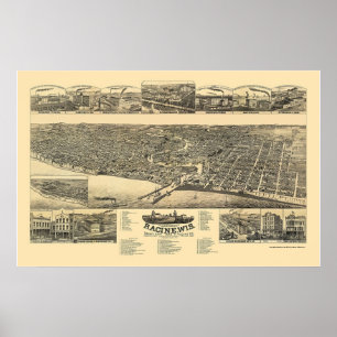 Póster Racine, WI Mapa Panorámico - 1883