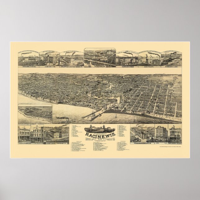Póster Racine, WI Mapa Panorámico - 1883 (Frente)