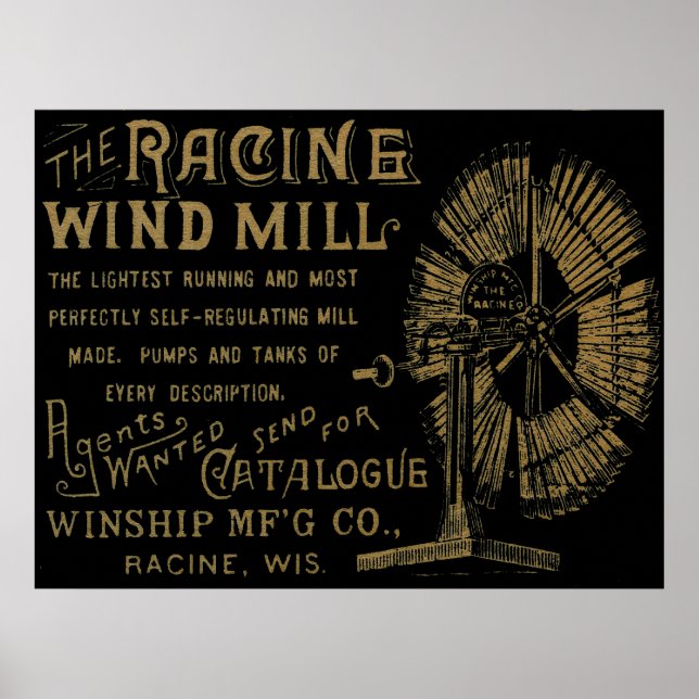 Póster Racine Wind Mill Racine Wisconsin 1889 (Frente)