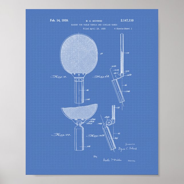 Póster Racket Table Tennis 1939 Patent Art - Blueprint (Frente)