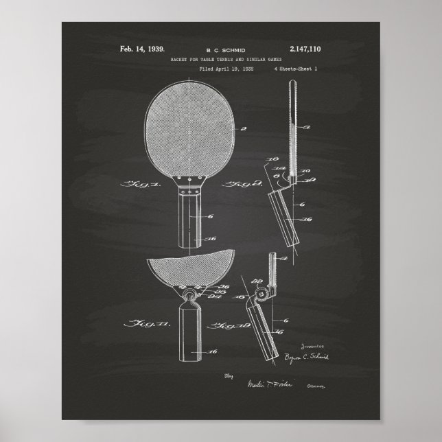 Póster Racket Table Tennis 1939 Patent Art - Chalkboard (Frente)