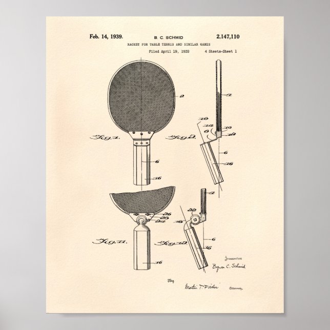 Póster Racket Table Tennis 1939 Patent Art - Old Peper (Frente)
