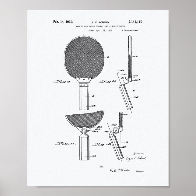 Póster Racket Table Tennis 1939 Patent Art - White Paper (Frente)