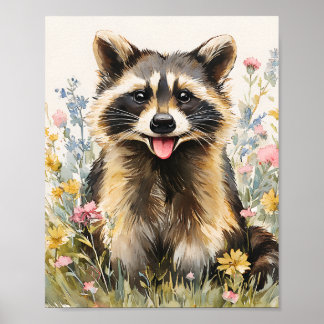 Póster Racoon cutáneo en flores silvestres - Wal animal a